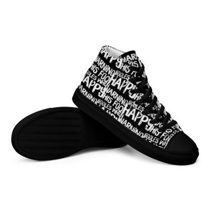 HappyStuff mens black high tops with playful white print Warning This Foot Jiggles When Happy EVA Rubber outsole closeup sole view black sole