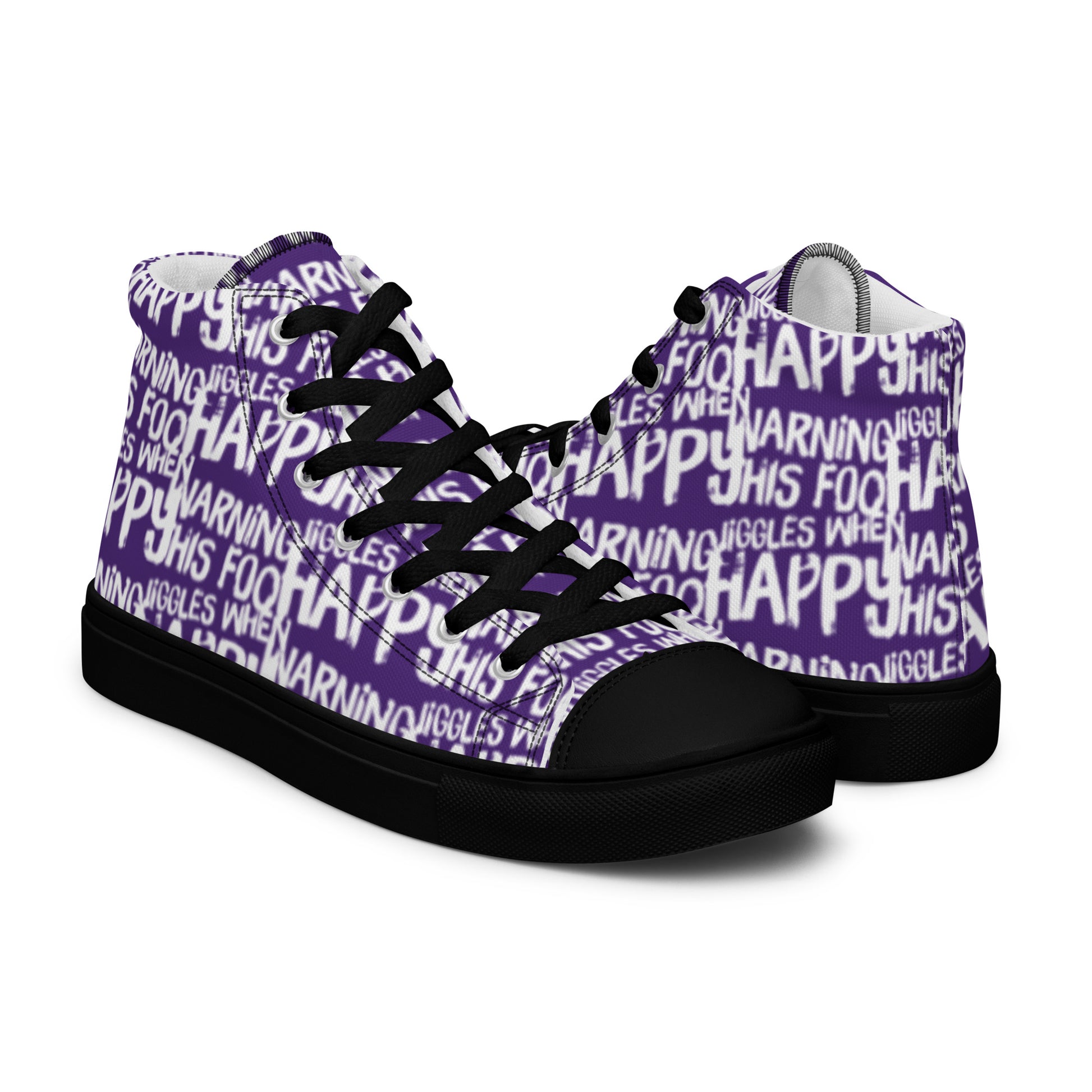 Mens purple high tops with playful white print Warning This Foot Jiggles When Happy right shoe front view left shoe back view black sole