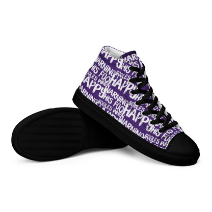 HappyStuff mens purple high tops with playful white print Warning This Foot Jiggles When Happy EVA Rubber outsole closeup sole view black sole