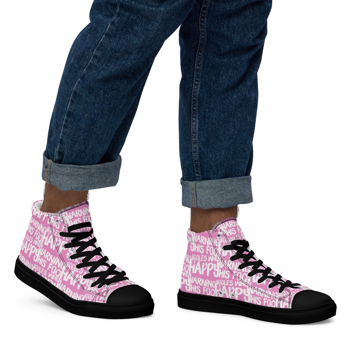 Walking right in mens HappyStuff high tops canvas sneakers edgy print pink and white shoes Warning This Foot Jiggles When Happy black sole