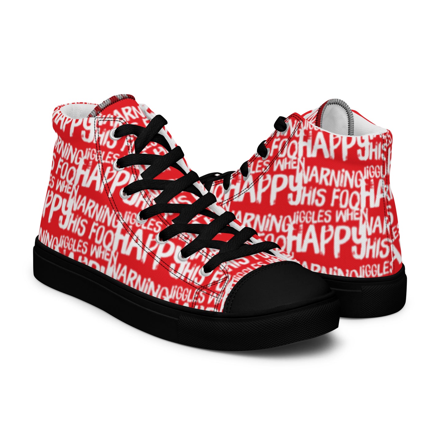 Mens red high tops with playful white print Warning This Foot Jiggles When Happy right shoe front view left shoe back view black sole