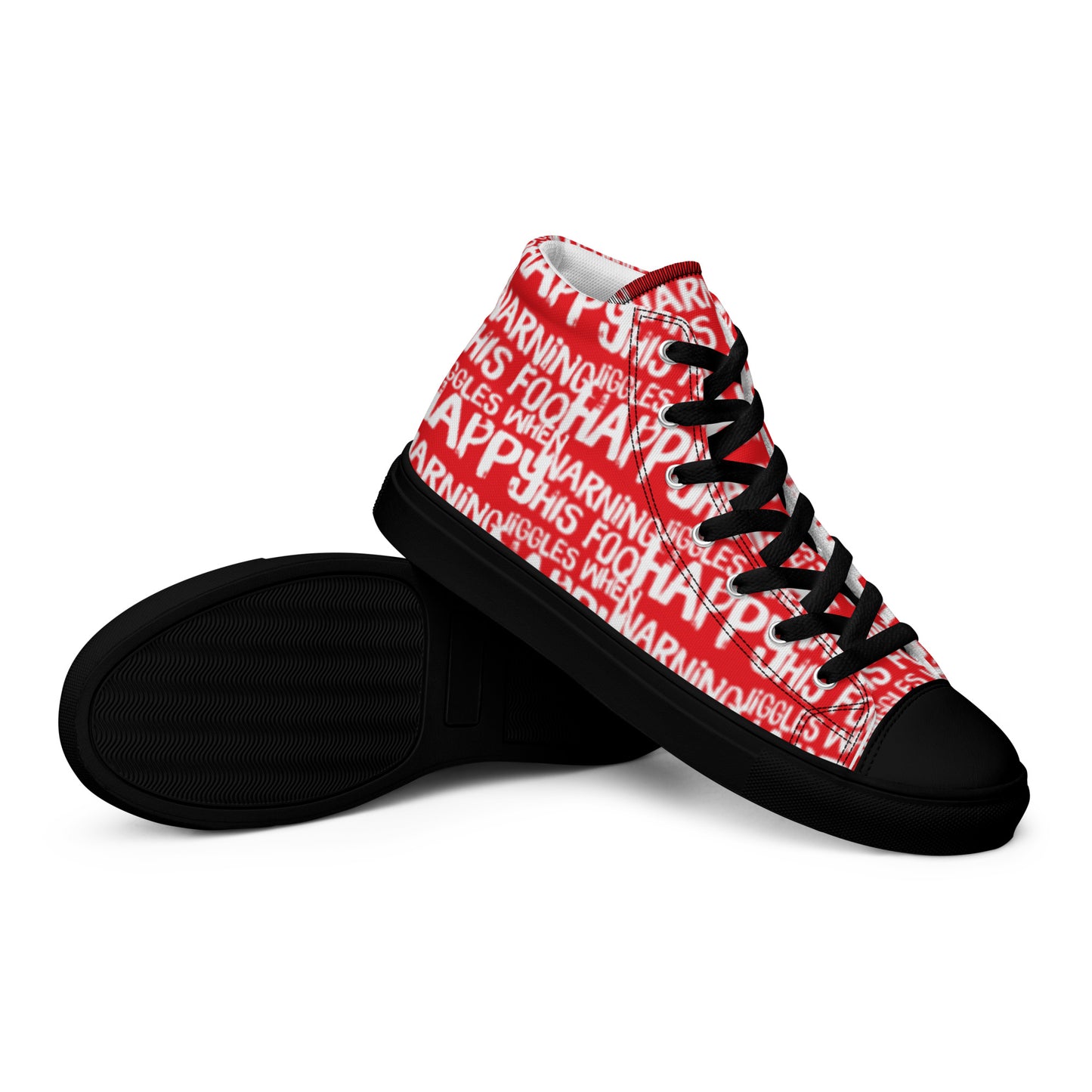 HappyStuff mens red high tops with playful white print Warning This Foot Jiggles When Happy EVA Rubber outsole closeup sole view black sole