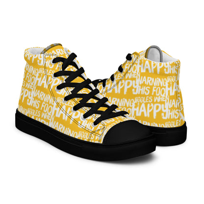 Mens yellow high tops with playful white print Warning This Foot Jiggles When Happy right shoe front view left shoe back view black sole