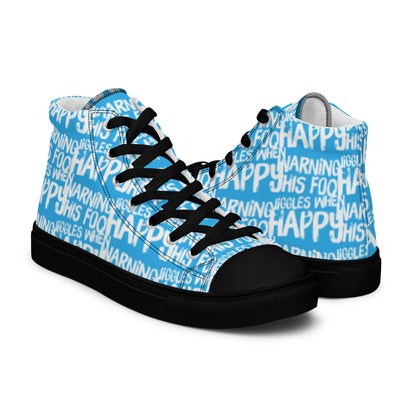 Mens blue high tops with playful white print Warning This Foot Jiggles When Happy right shoe front view left shoe back view black sole