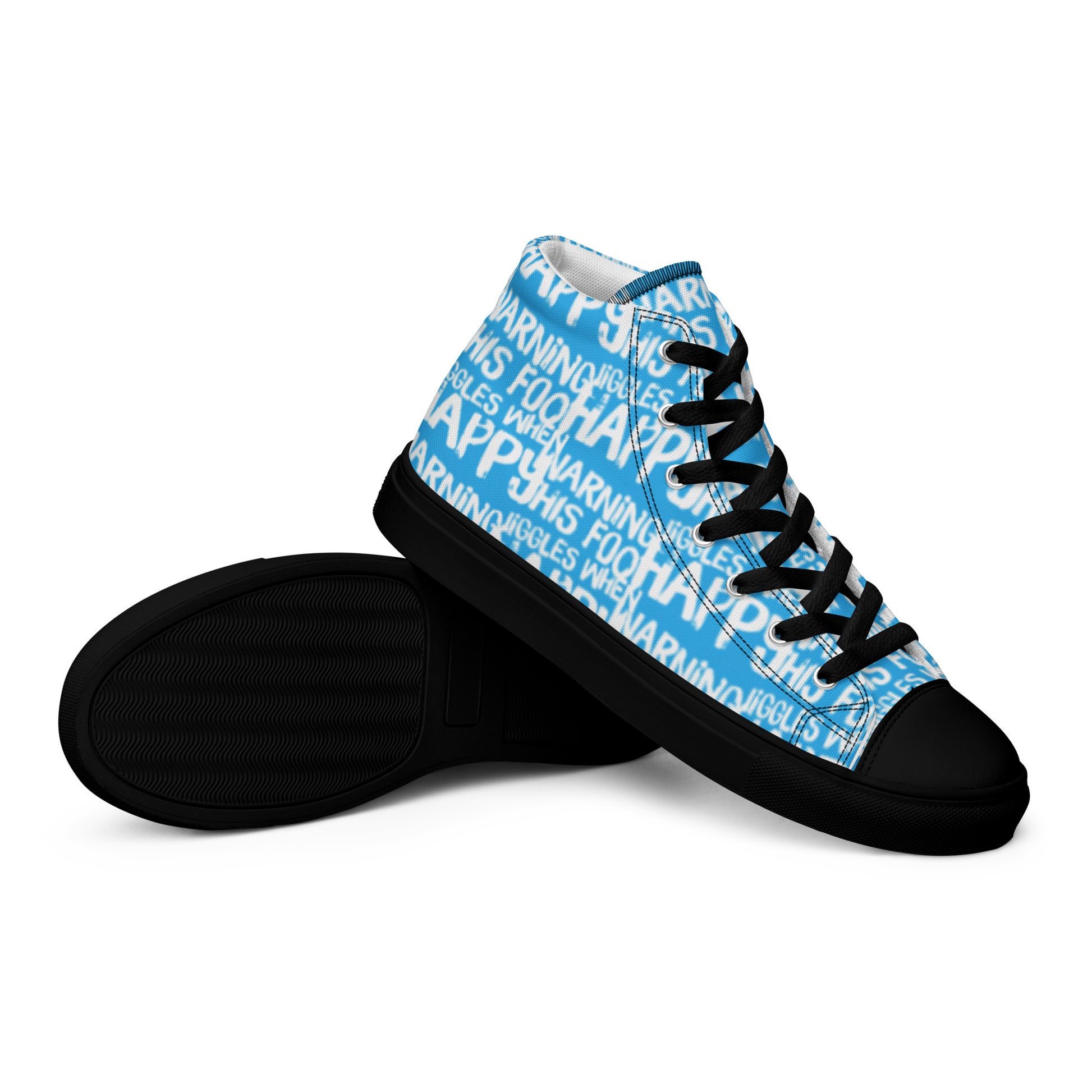 HappyStuff mens blue high tops with playful white print Warning This Foot Jiggles When Happy EVA Rubber outsole closeup sole view black sole