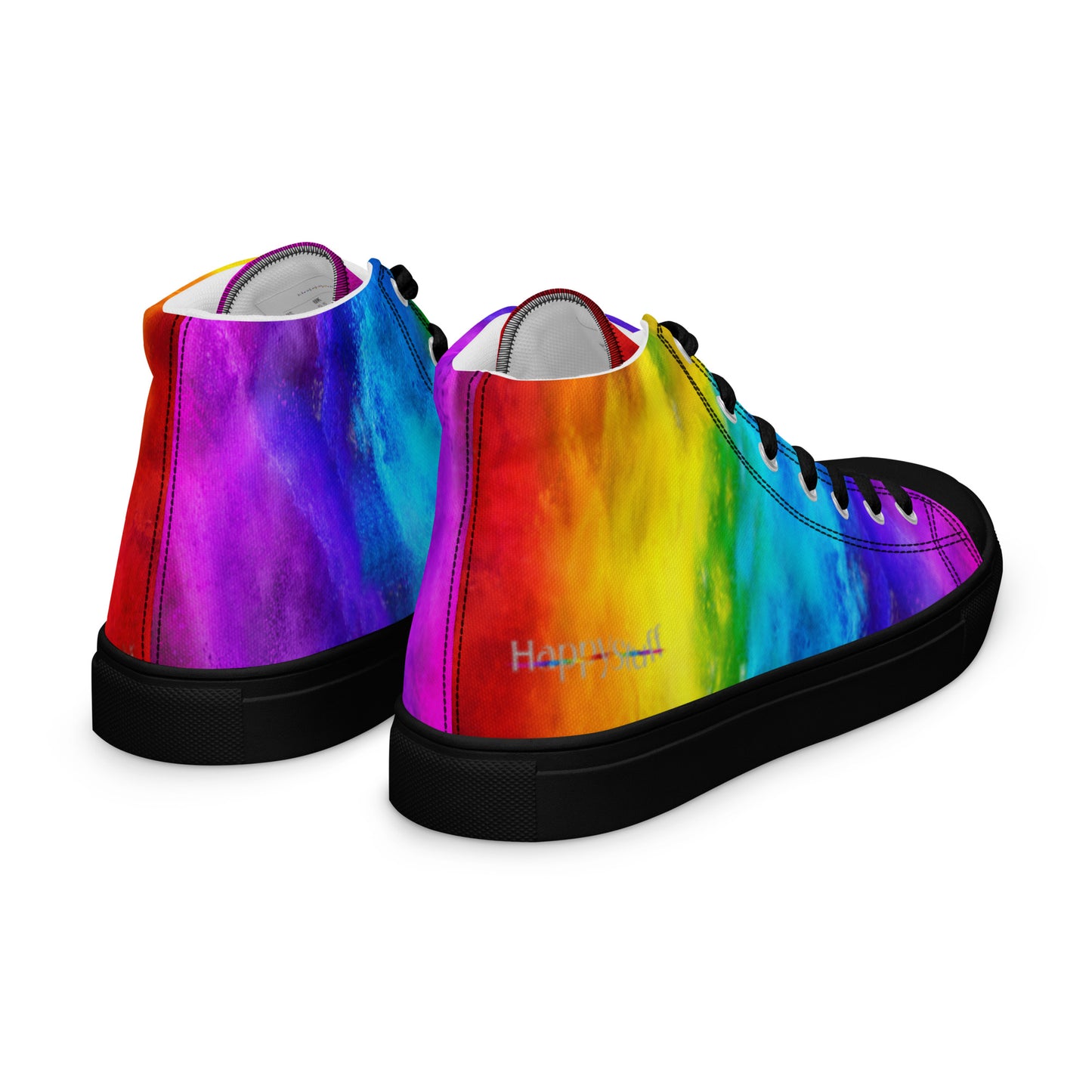 Rainbow shoes right backside view fun shoes featuring HappyStuff logo on holi colours printed on white high top sneakers black sole