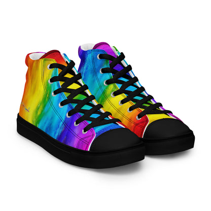 Rainbow shoes front right side view laced up mens sneakers holi colours printed on white high tops HappyStuff happy shoes black sole