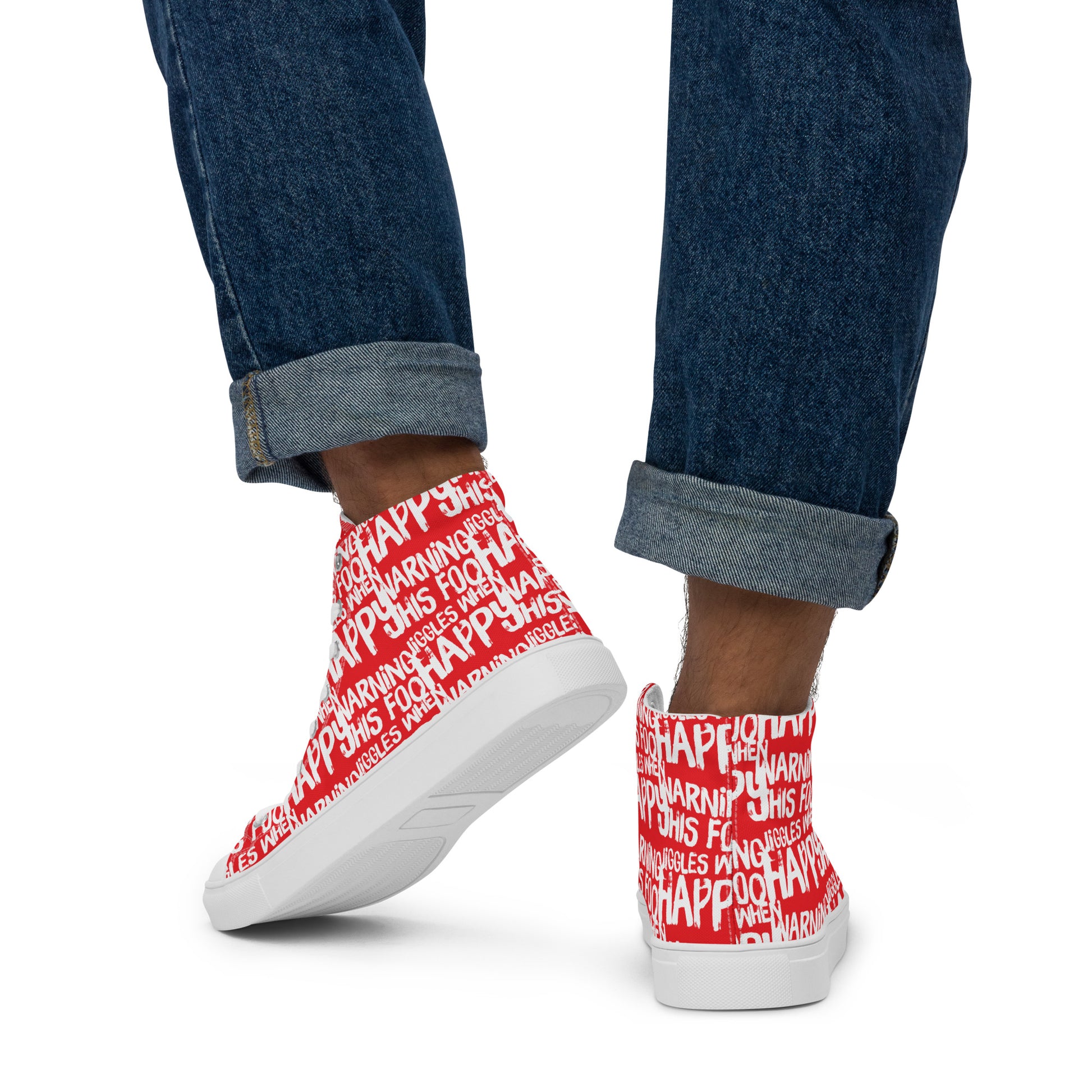 Walking left in mens HappyStuff high tops canvas sneakers edgy print red and white shoes Warning This Foot Jiggles When Happy