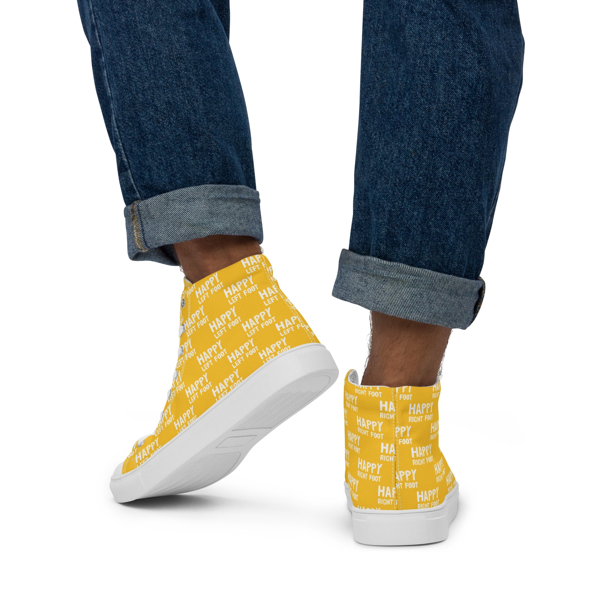 Mens sneakers Happy Left Foot Happy Right Foot Pattern Print yellow and white High Tops walking away HappyStuff brand yellow shoes