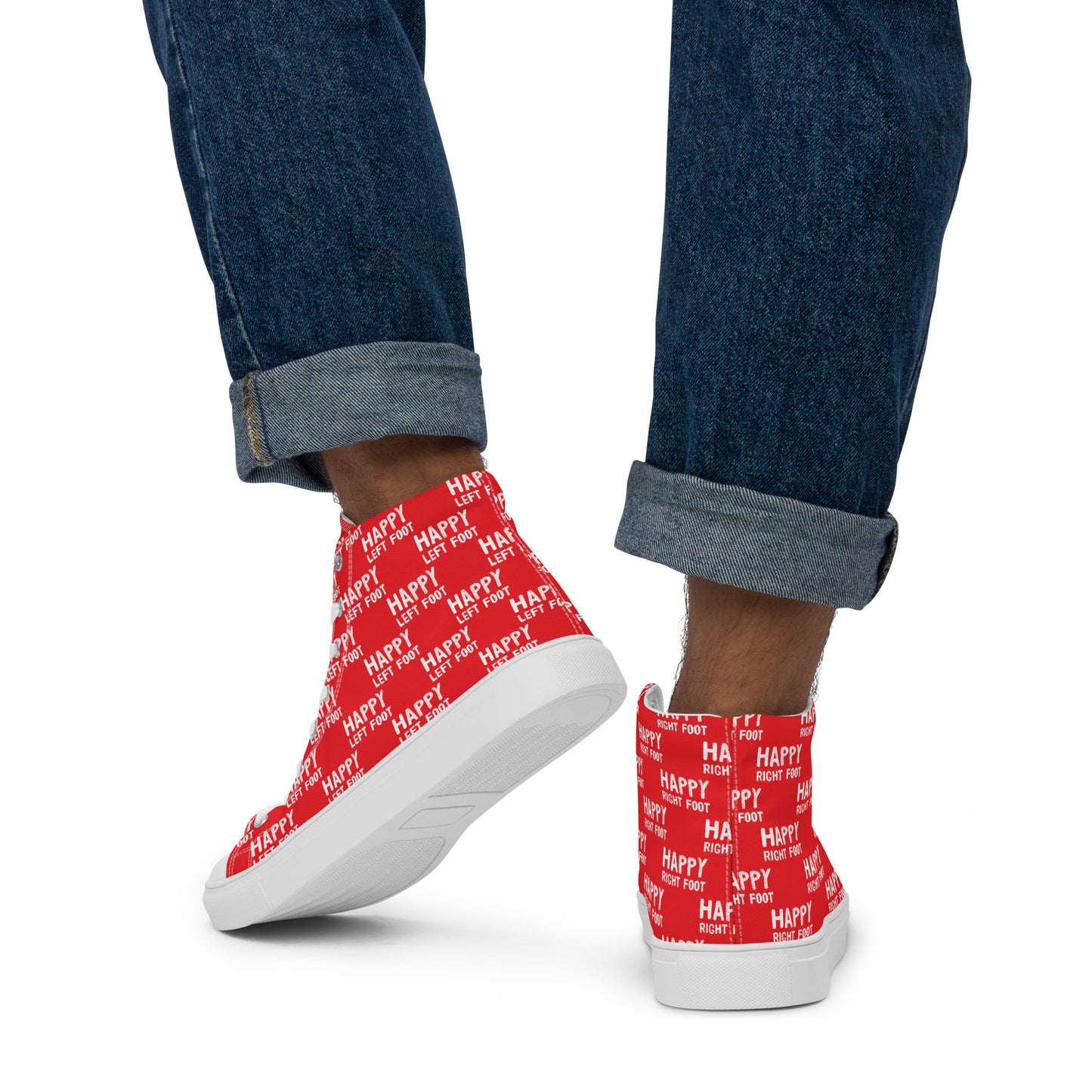 Mens sneakers Happy Left Foot Happy Right Foot Pattern Print red and white High Tops walking away HappyStuff brand red shoes