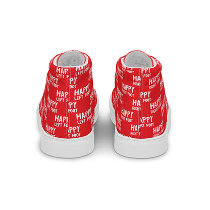 Fun shoes back view Happy Left Foot Happy Right Foot Pattern Print each on relevant shoe HappyStuff red high tops mens sneakers