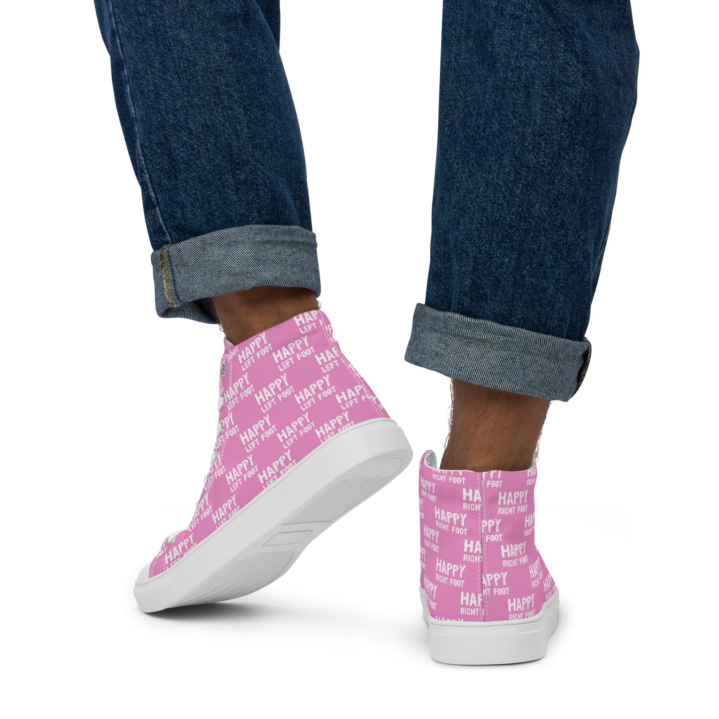 Mens sneakers Happy Left Foot Happy Right Foot Pattern Print pink and white High Tops walking away HappyStuff brand pink shoes