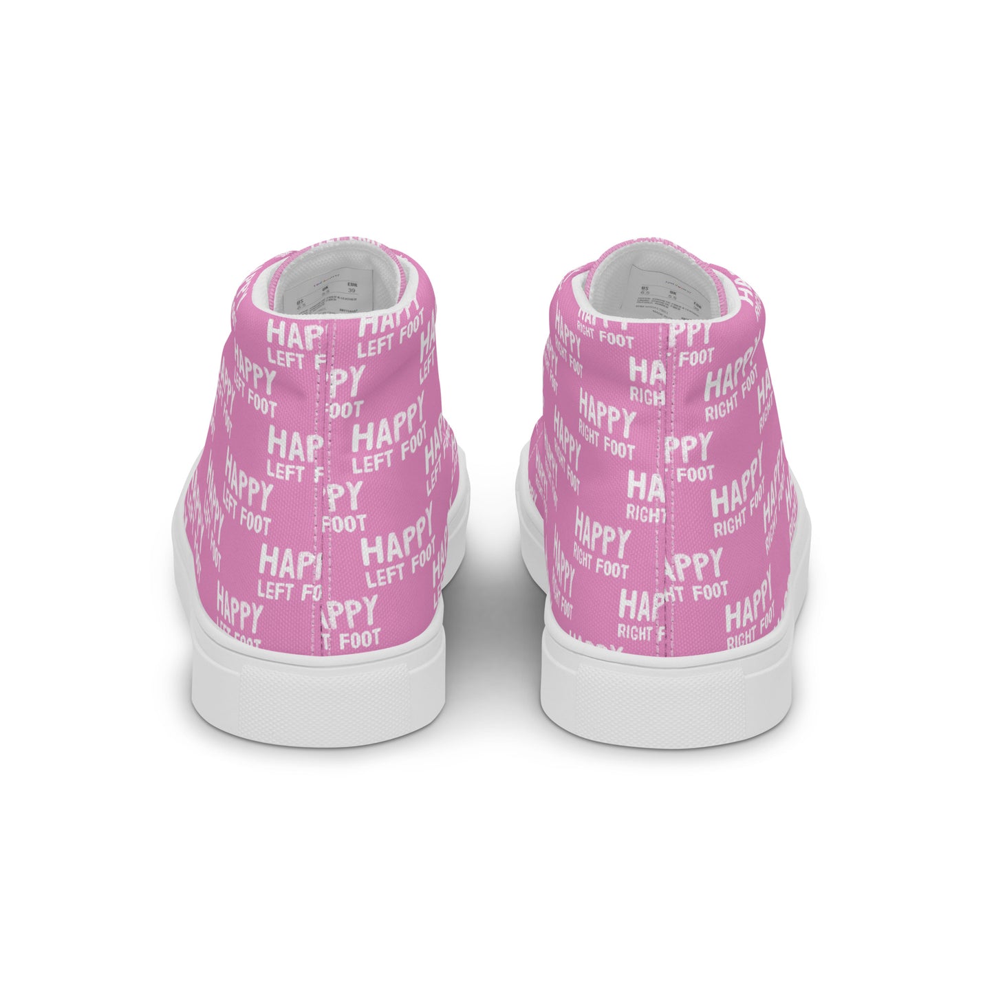 Fun shoes back view Happy Left Foot Happy Right Foot Pattern Print each on relevant shoe HappyStuff pink high tops mens sneakers