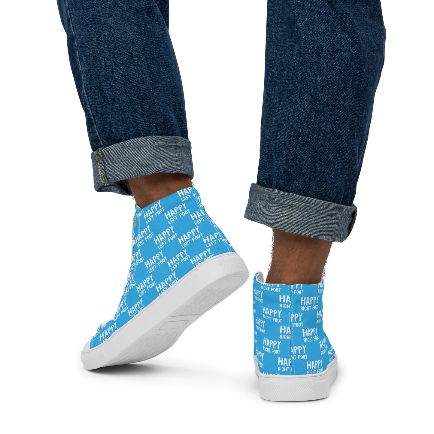 Mens sneakers Happy Left Foot Happy Right Foot Pattern Print blue and white High Tops walking away HappyStuff brand blue shoes