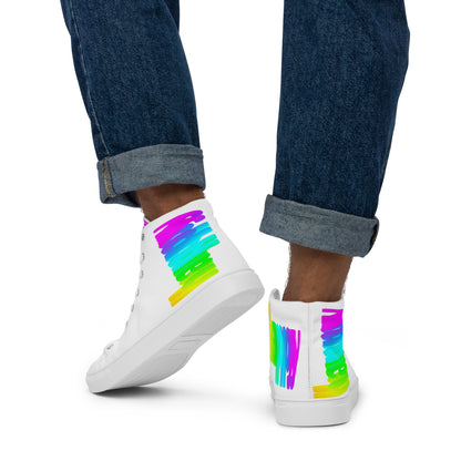 Mens sneakers rainbow shoes Happy Rainbow Painted Print bright colours on white high tops walking away HappyStuff brand white shoes