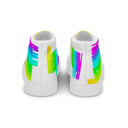 Rainbow shoes mens sneakers back view white high tops Happy Rainbow Painted bright colour spectrum print HappyStuff Fun shoes