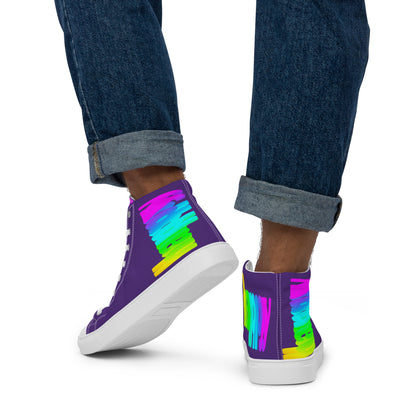 Mens sneakers rainbow shoes Happy Rainbow Painted Print bright colours on purple high tops walking away HappyStuff brand purple shoes