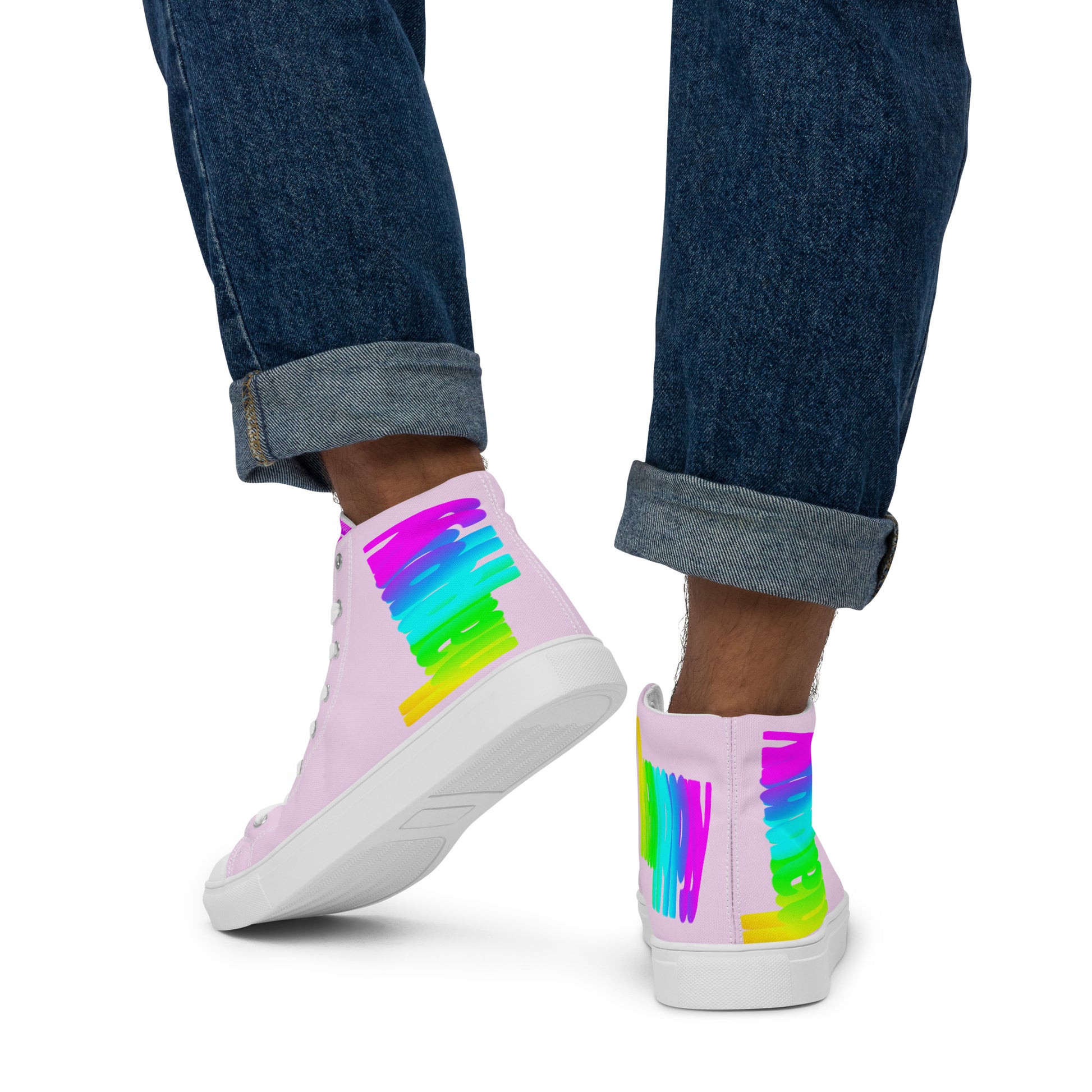 Mens sneakers rainbow shoes Happy Rainbow Painted Print bright colours on pink high tops walking away HappyStuff brand pink shoes