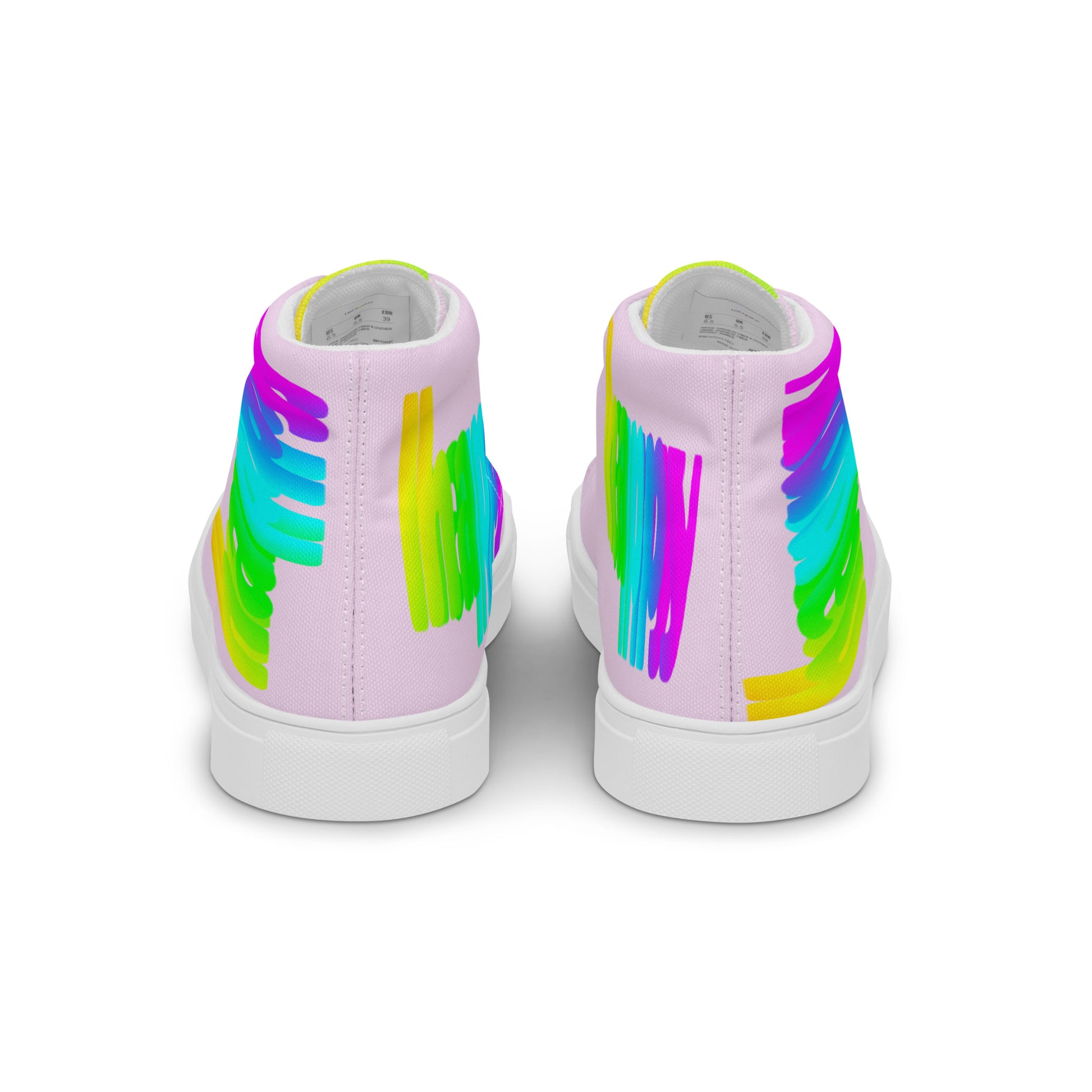 Rainbow shoes mens sneakers back view pink high tops Happy Rainbow Painted bright colour spectrum print HappyStuff Fun shoes