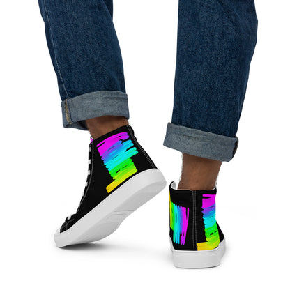 Mens sneakers rainbow shoes Happy Rainbow Painted Print bright colours on black high tops walking away HappyStuff brand black shoes