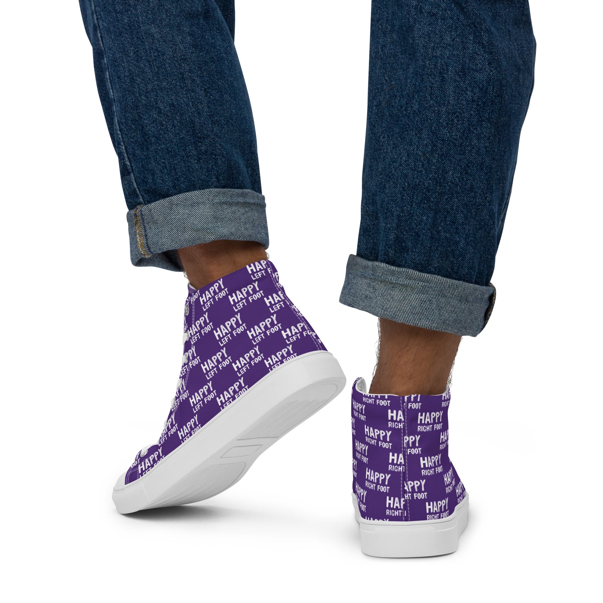 Mens sneakers Happy Left Foot Happy Right Foot Pattern Print purple and white High Tops walking away HappyStuff brand purple shoes