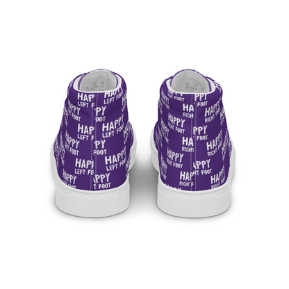 Fun shoes back view Happy Left Foot Happy Right Foot Pattern Print each on relevant shoe HappyStuff purple high tops mens sneakers