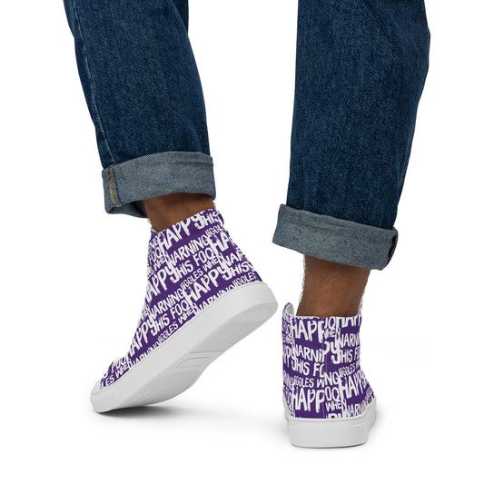 Walking away in mens HappyStuff high tops canvas sneakers edgy print purple and white shoes Warning This Foot Jiggles When Happy