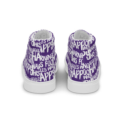 Fun shoes back view HappyStuff purple high tops with playful white print Warning This Foot Jiggles When Happy mens sneakers