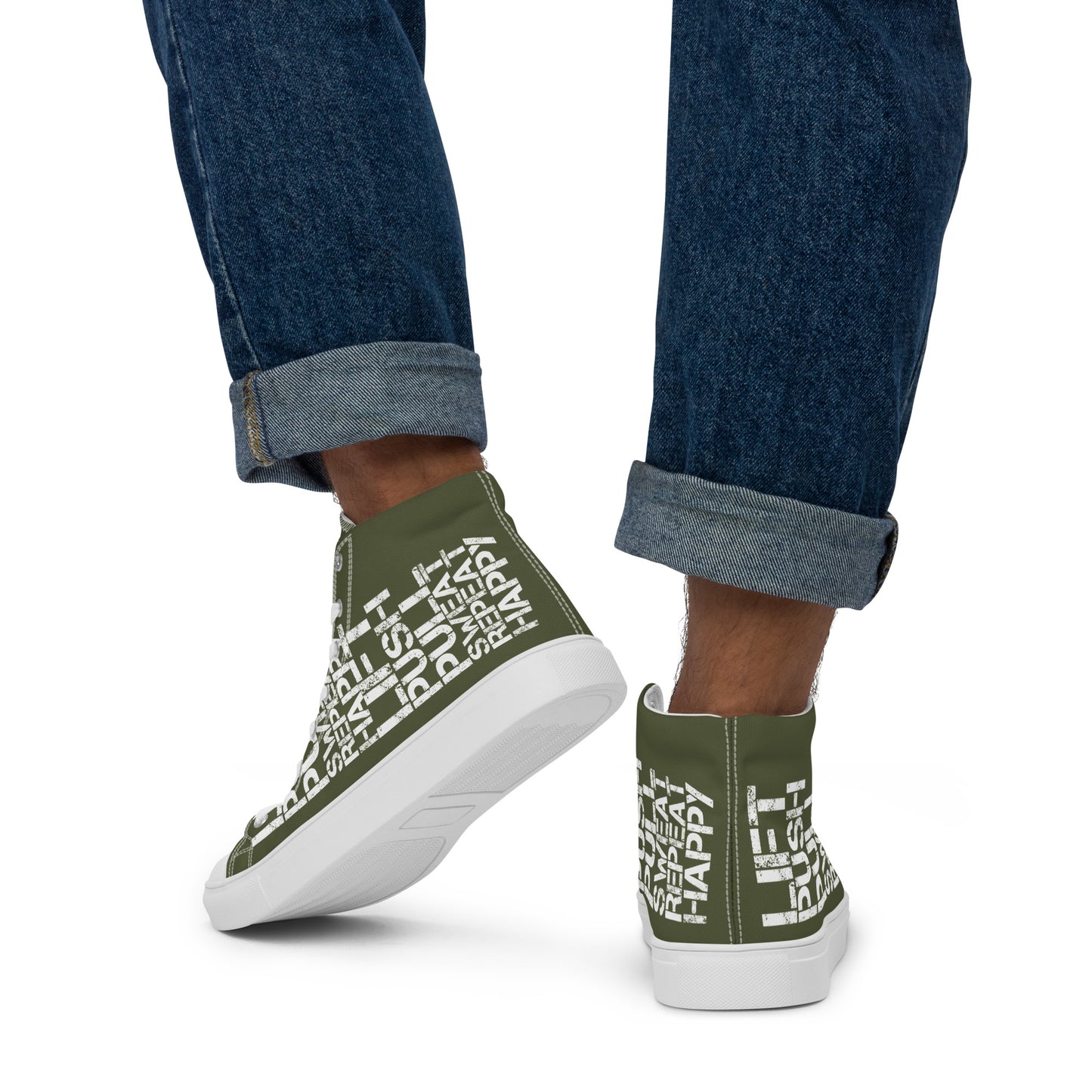 Gym shoe mens sneakers lift push pull sweat repeat happy distress print khaki green and white High Tops walking away HappyStuff khaki green shoes