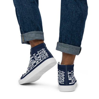 Gym shoe mens sneakers lift push pull sweat repeat happy distress print navy blue and white High Tops walking away HappyStuff navy blue shoes