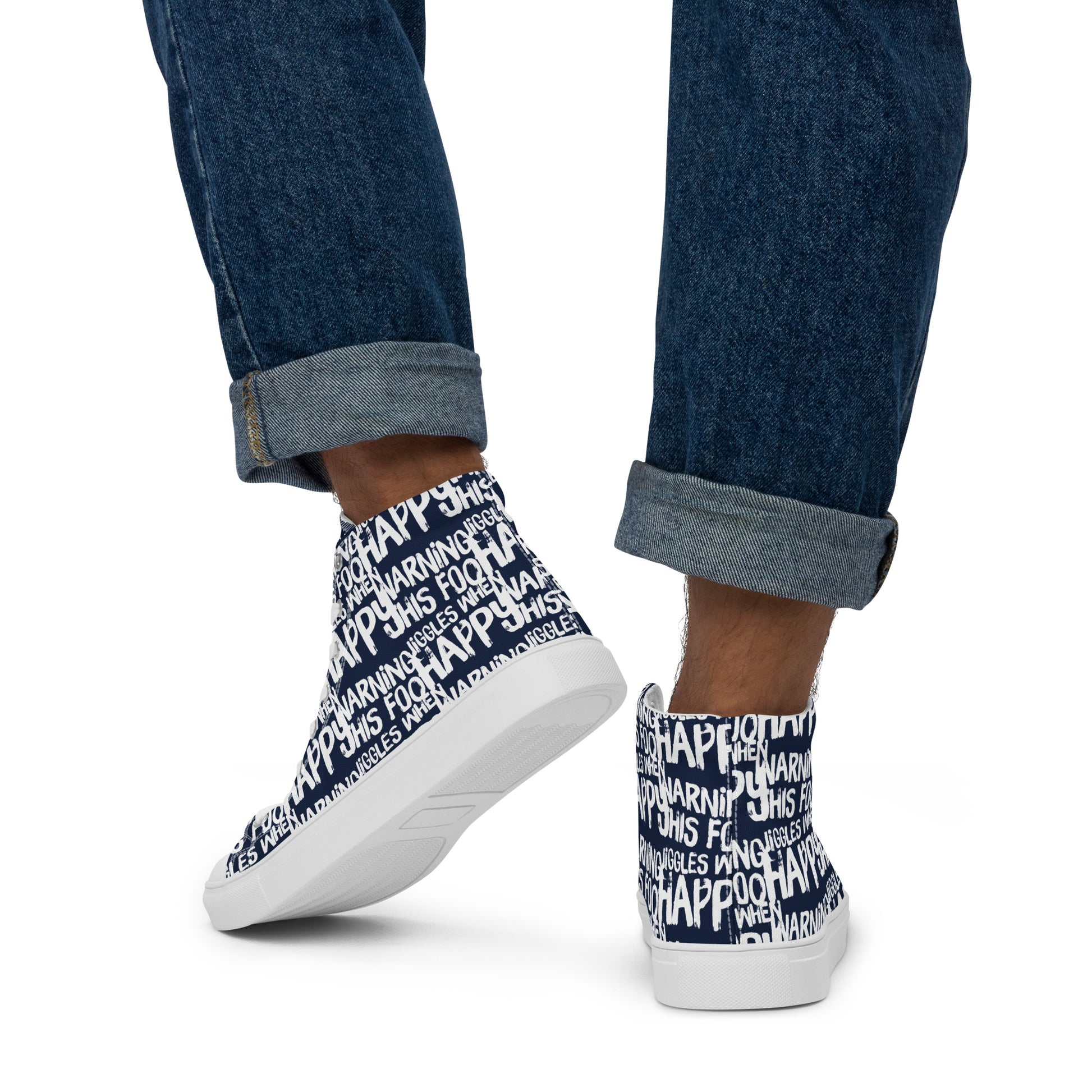 Walking away in mens HappyStuff high tops canvas sneakers edgy print navy blue and white shoes Warning This Foot Jiggles When Happy