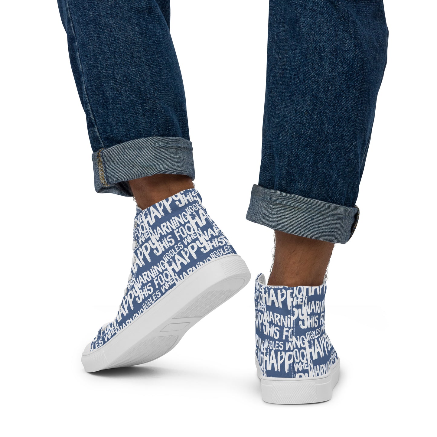 Walking away in mens HappyStuff high tops canvas sneakers edgy print denim blue and white shoes Warning This Foot Jiggles When Happy