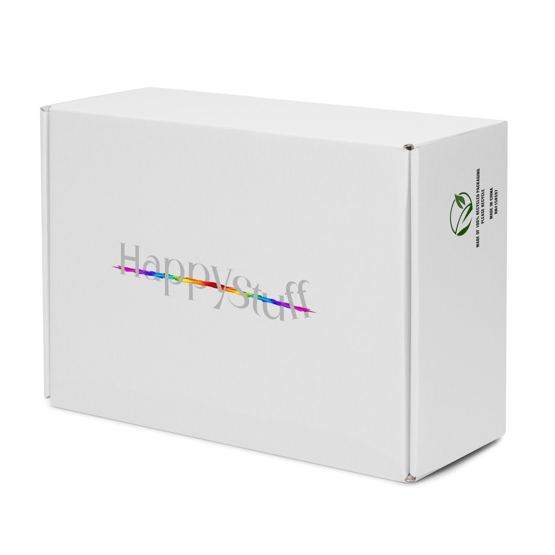 HappyStuff branded eco-friendly sneaker box featuring 100% recycled packaging stamp and rainbow detailed HappyStuff log