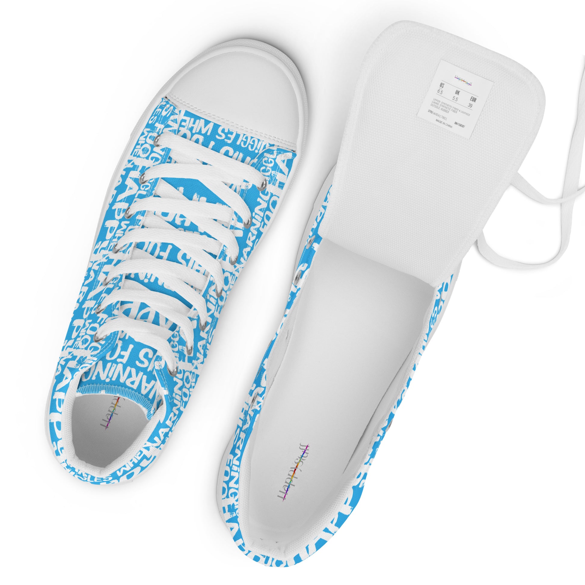 Top view mens sneakers and label HappyStuff blue high tops with playful white print Warning This Foot Jiggles When Happy