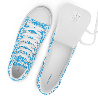 Top view mens sneakers and label HappyStuff blue high tops with playful white print Warning This Foot Jiggles When Happy