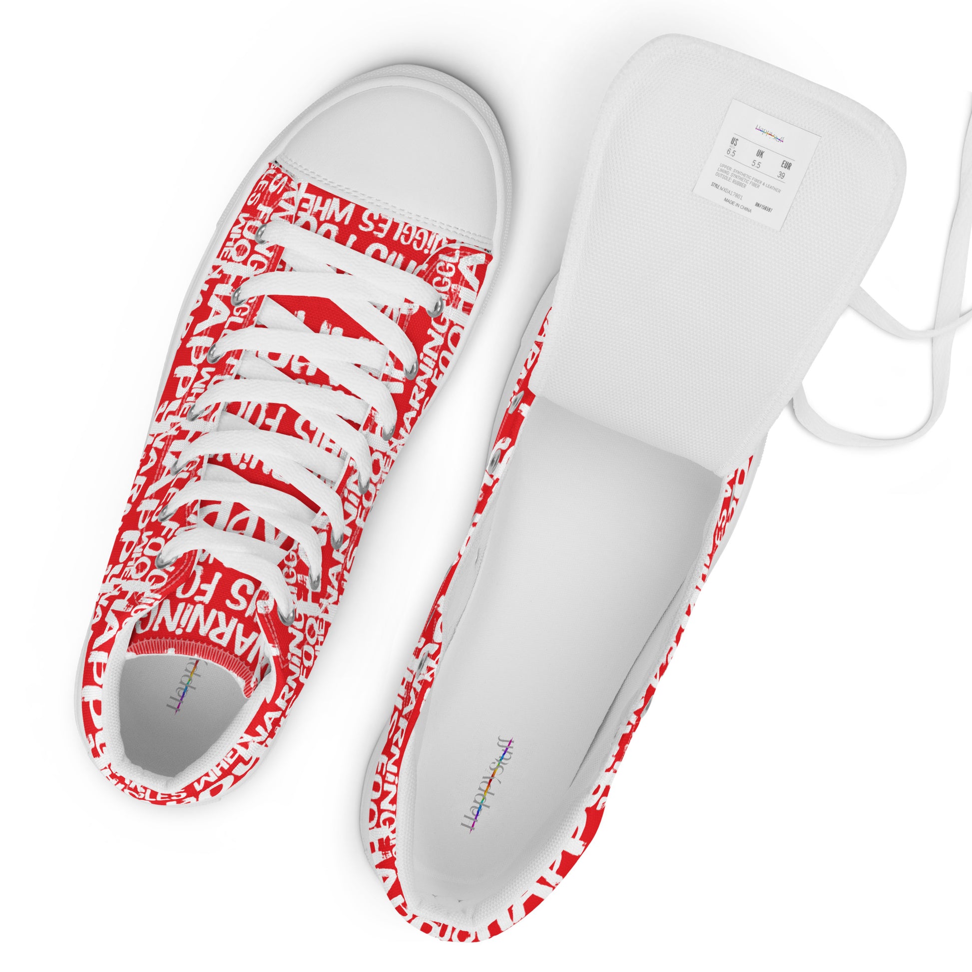 Top view mens sneakers and label HappyStuff red high tops with playful white print Warning This Foot Jiggles When Happy