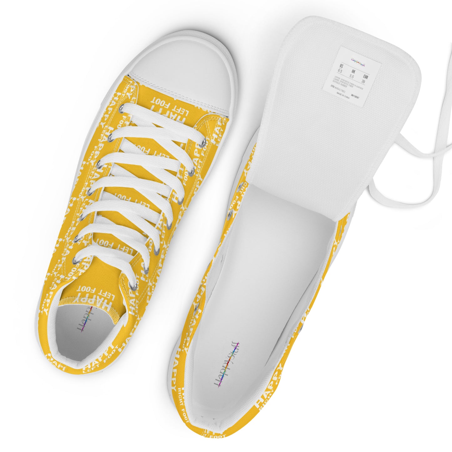 White laces and label top view mens sneakers HappyStuff yellow high tops with Happy Left Foot Happy Right Foot Pattern Print each on relevant shoe