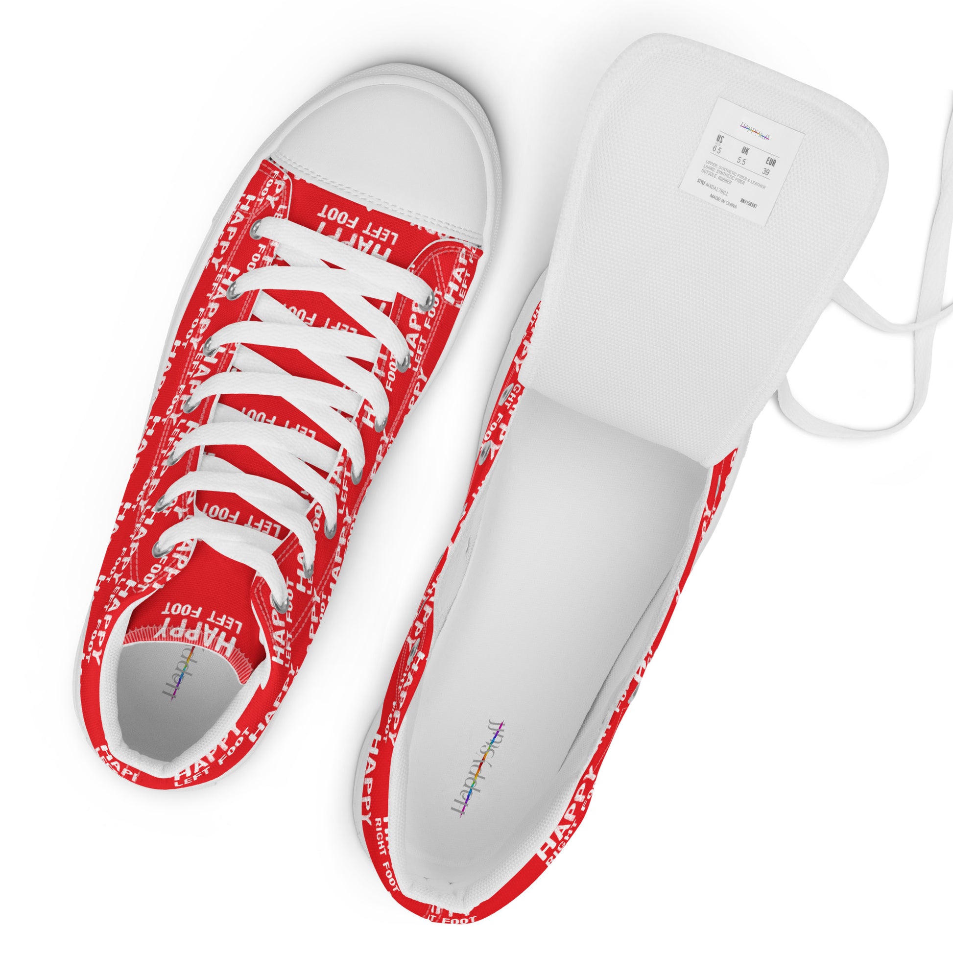 White laces and label top view mens sneakers HappyStuff red high tops with Happy Left Foot Happy Right Foot Pattern Print each on relevant shoe