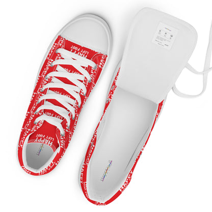 White laces and label top view mens sneakers HappyStuff red high tops with Happy Left Foot Happy Right Foot Pattern Print each on relevant shoe