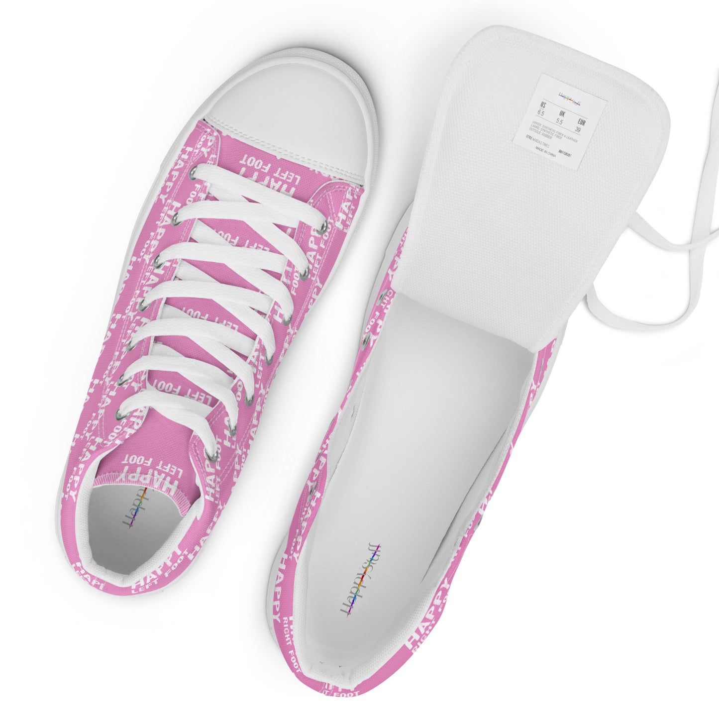 White laces and label top view mens sneakers HappyStuff pink high tops with Happy Left Foot Happy Right Foot Pattern Print each on relevant shoe