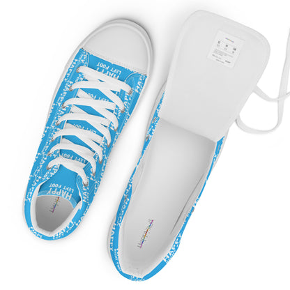 White laces and label top view mens sneakers HappyStuff blue high tops with Happy Left Foot Happy Right Foot Pattern Print each on relevant shoe