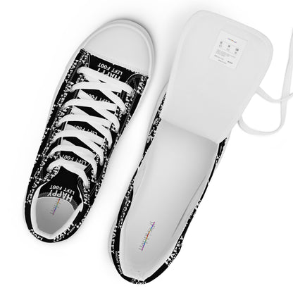 White laces and label top view mens sneakers HappyStuff black high tops with Happy Left Foot Happy Right Foot Pattern Print each on relevant shoe