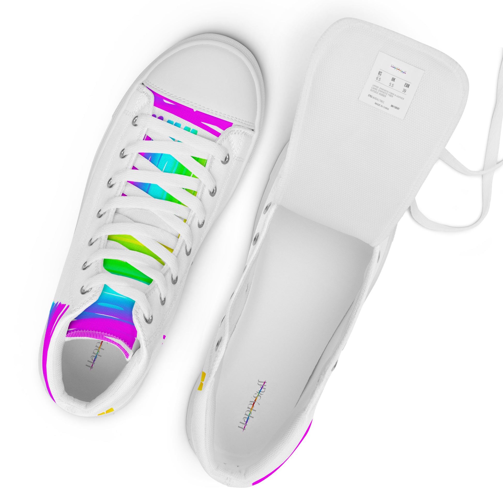 Rainbow shoes mens sneakers top view label white laces white high tops Happy Rainbow Painted bright colour spectrum print HappyStuff