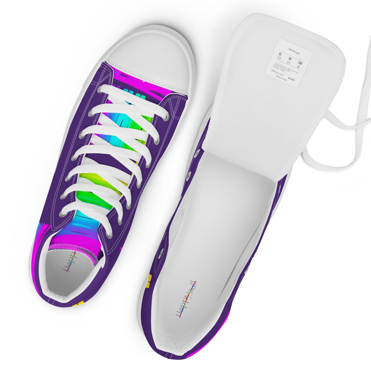 Rainbow shoes mens sneakers top view label white laces purple high tops Happy Rainbow Painted bright colour spectrum print HappyStuff