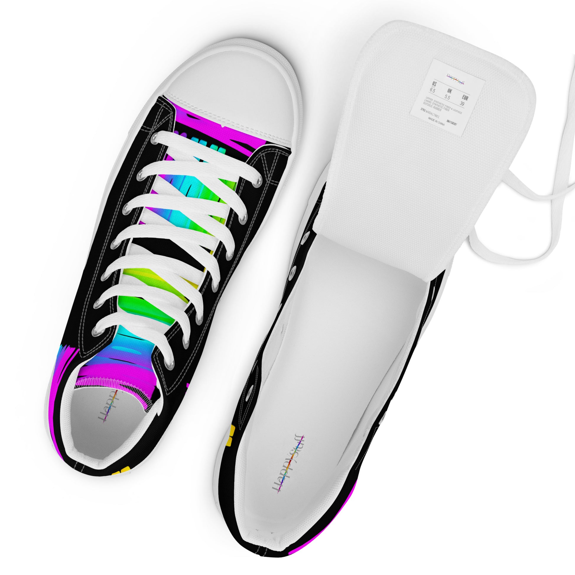 Rainbow shoes mens sneakers top view label white laces black high tops Happy Rainbow Painted bright colour spectrum print HappyStuff