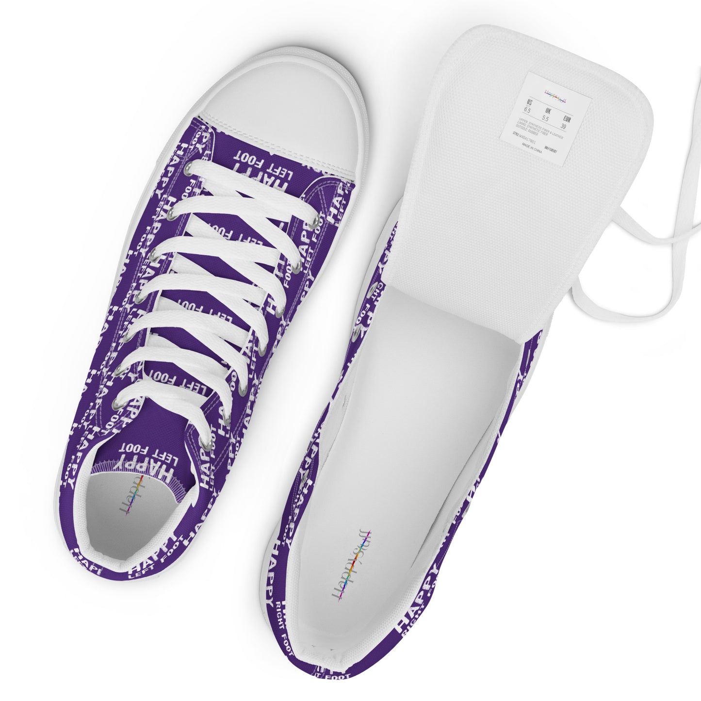 White laces and label top view mens sneakers HappyStuff purple high tops with Happy Left Foot Happy Right Foot Pattern Print each on relevant shoe