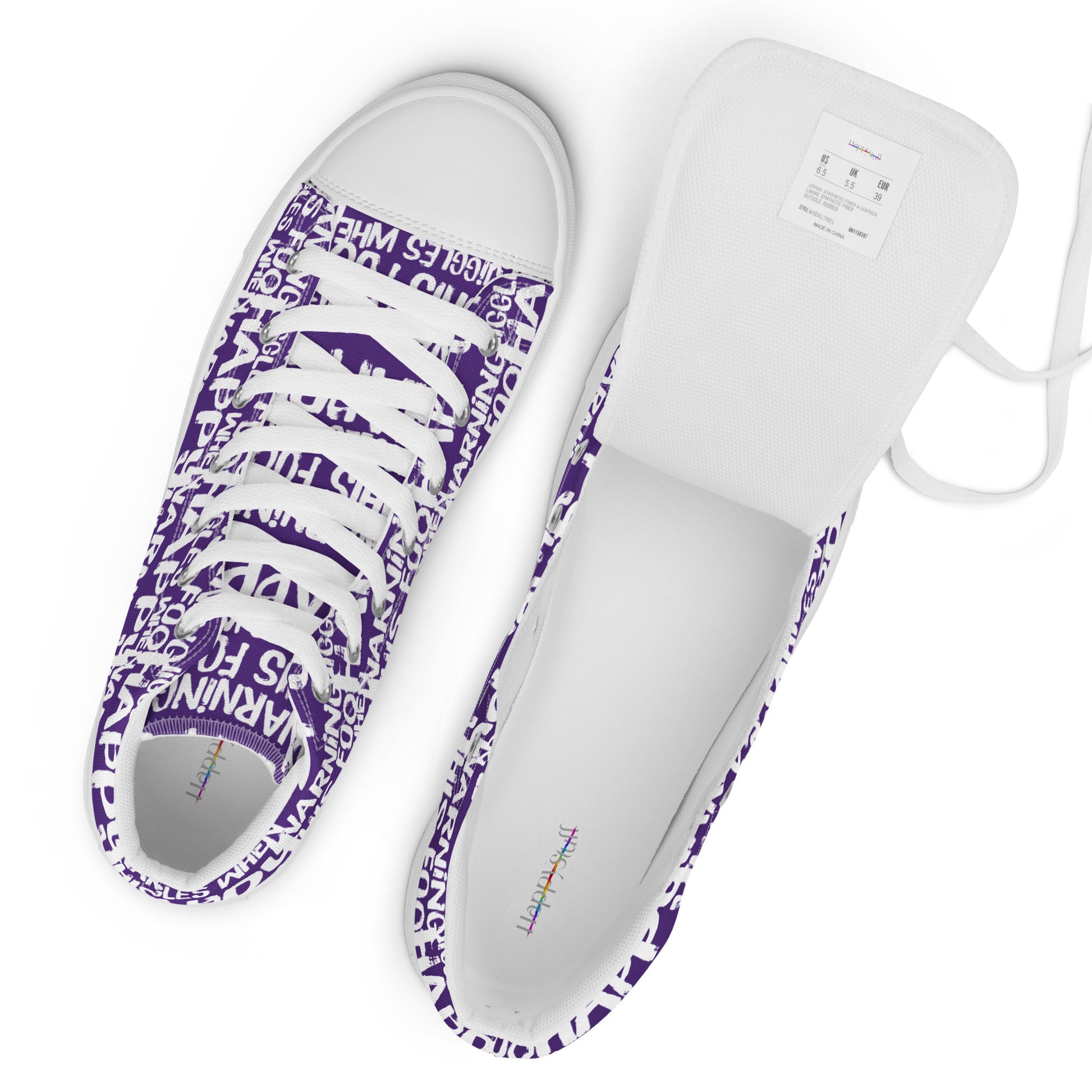 Top view mens sneakers and label HappyStuff purple high tops with playful white print Warning This Foot Jiggles When Happy