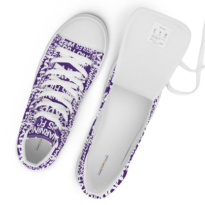 Top view mens sneakers and label HappyStuff purple high tops with playful white print Warning This Foot Jiggles When Happy