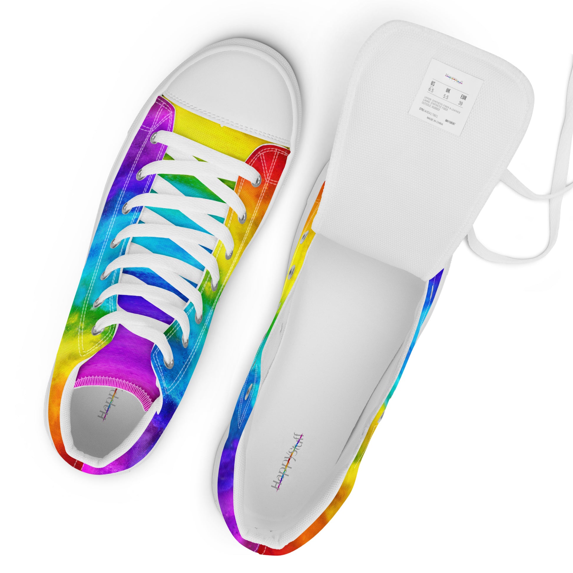 HappyStuff rainbow shoes mens sneakers top view label white laces fun shoes holi colours printed on white high top sneakers 