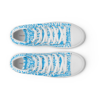 HappyStuff mens blue high tops with playful white print Warning This Foot Jiggles When Happy top view laces faux leather toe cap